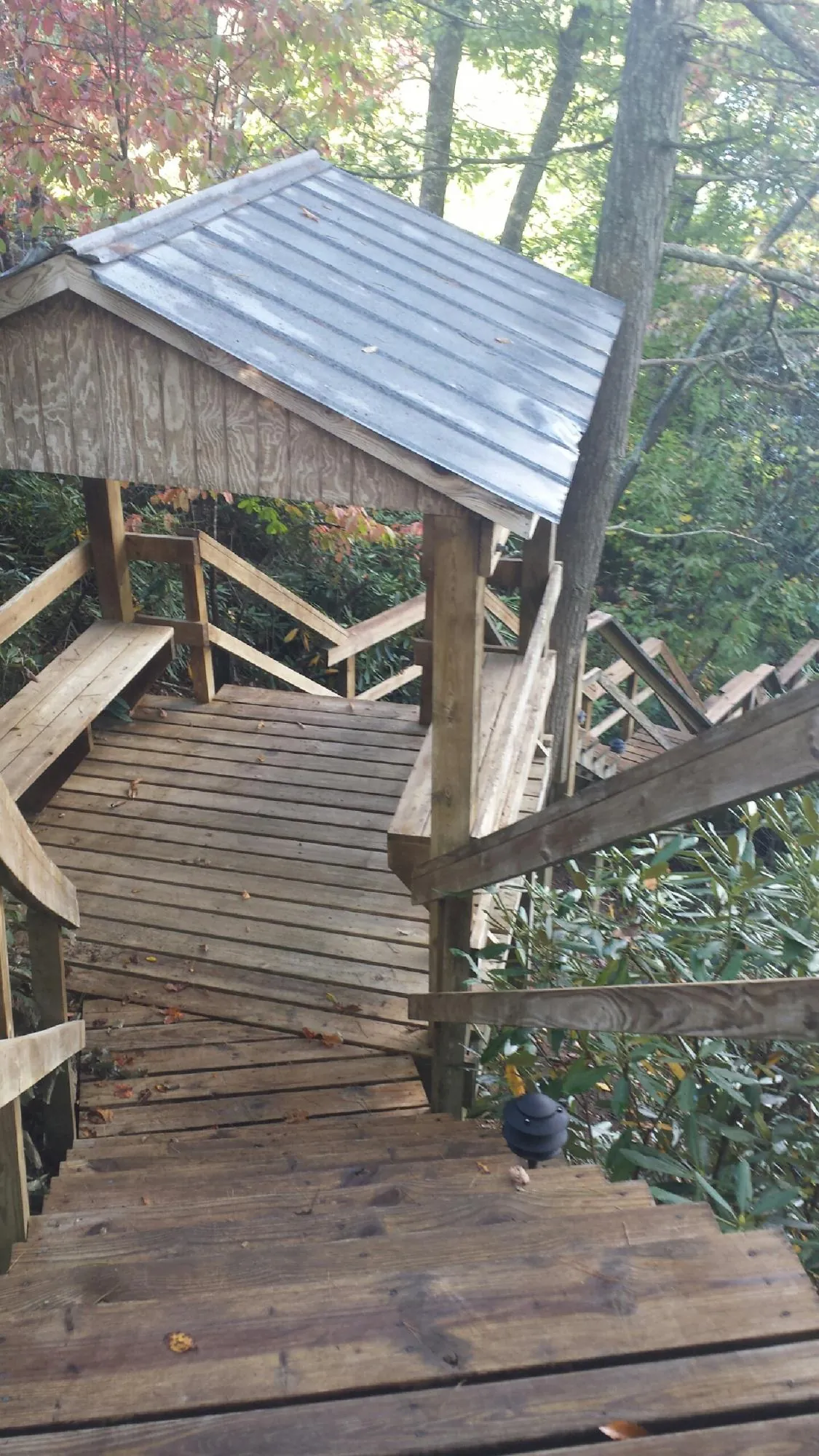 Metal roofed shelter over wooden steps on a wooded walkway — Skylight Repair & Installation work by our crew in Camanche